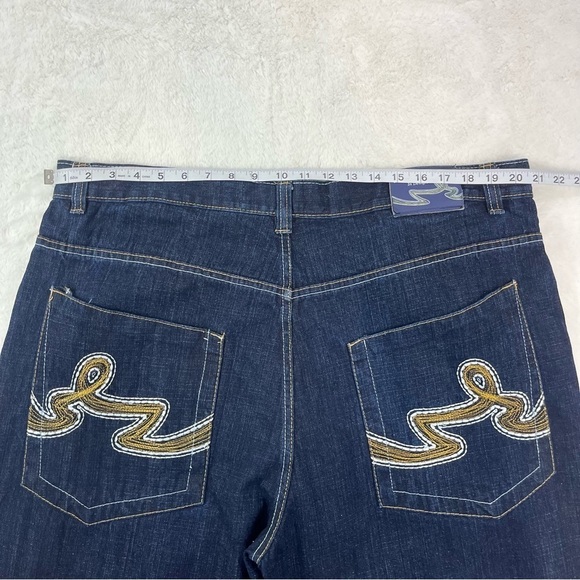 VTG EVOLUTION in Design Jeans Men 40X33 Blue Gold Pocket Embroidery Wide Leg Y2K - Picture 11 of 13